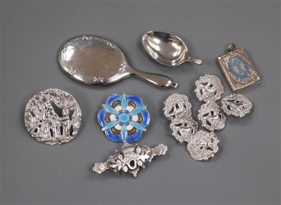 A set of six late Victorian silver buttons, one larger button, two white metal brooches including enamelled, a locket and spoon.